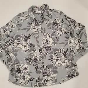 Denim & Co L Grey Floral Stretch Chambray Button Up Shirt